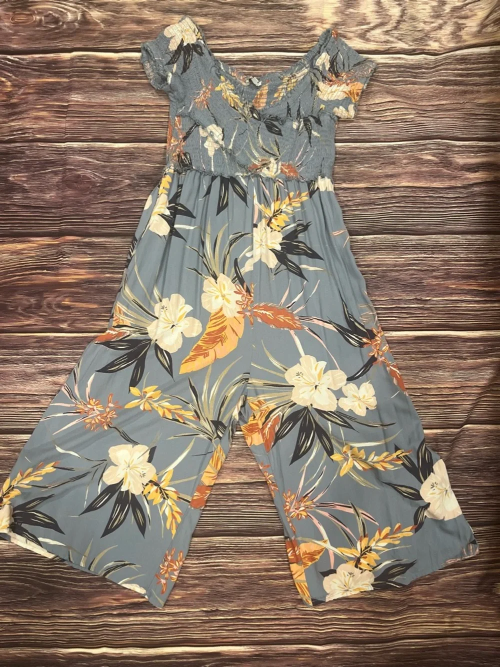 Patrons of Peace Blue/Gray Tropical Flower Romper L - Picture 9 of 12